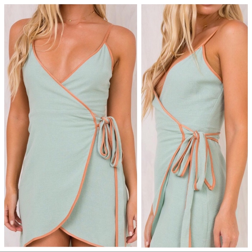Hello Molly Light Green & Tan Wrap Dress